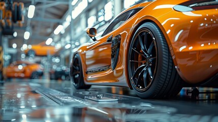 Fototapeta premium Vibrant Orange Sports Car in a Modern Garage - Generative AI