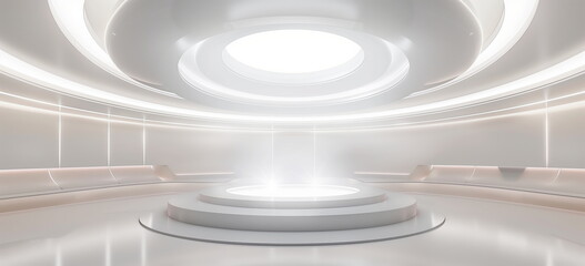 Obraz premium Sci-fi style room. Circular room with illuminated center circle section. dark interior, white illumination. wide format. 