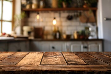 A rustic kitchen bench with an empty wooden table against a blurred background, creating a warm and inviting atmosphere perfect for cooking and family gatherings.
