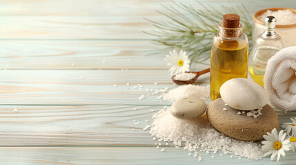 Spa composition with essential oils, sea salt, stones and chamomile on a wooden background