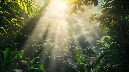 Sunbeams Through Tropical Rainforest