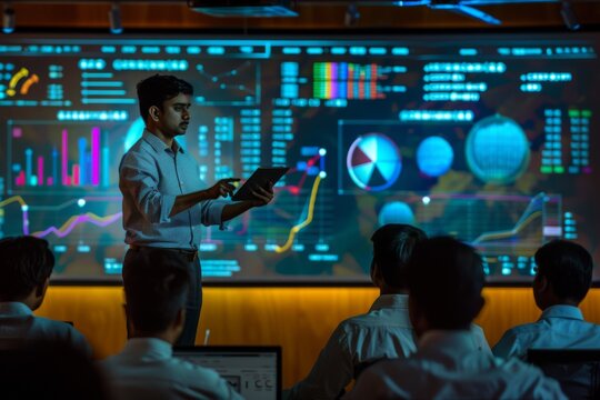 Indian computer scientists present data on tablets to analyst teams in a high-tech monitoring room, with large screens displaying key metrics during automated training sessions.