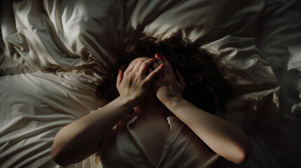 Fototapeta premium Person covering face in bed, depicting distress or pain.