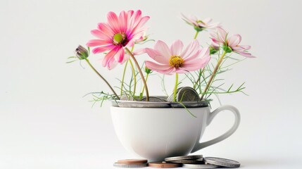 Beautiful flowers sprouting from silver coins in a teacup, realistic background, depicting economic success, isolated on a white background with ample copy space