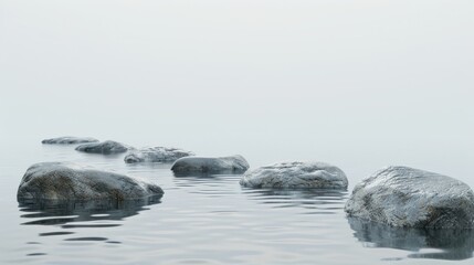 Obraz premium Rocks floating in a silver sky, realistic background, symbolizing surreal tranquility, isolated on a white background with ample copy space