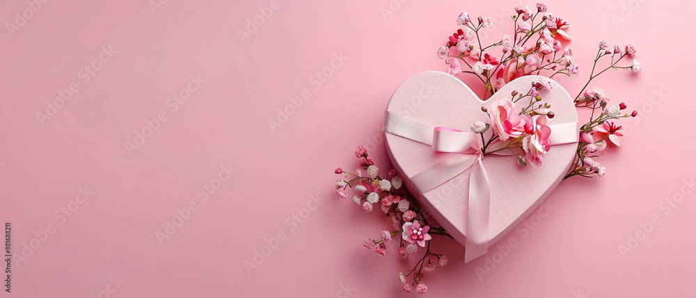 Wall mural Elegant heart gift box with flowers, with pink plain background suitable for Valentine's, Christmas, birthdays, Mother's Day, and more. Includes space for text. Simple design. 