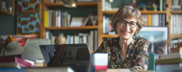 Fototapeta premium A senior woman is sitting at a desk with a laptop and a cup of coffee.