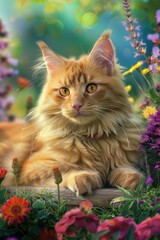 Orange Tabby Cat in a Flower Garden