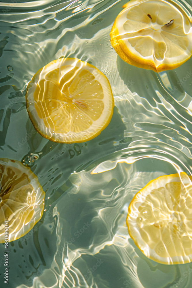 Poster top view of lemon slices in water with ripples, summer concept. the image depicts lemon slices float