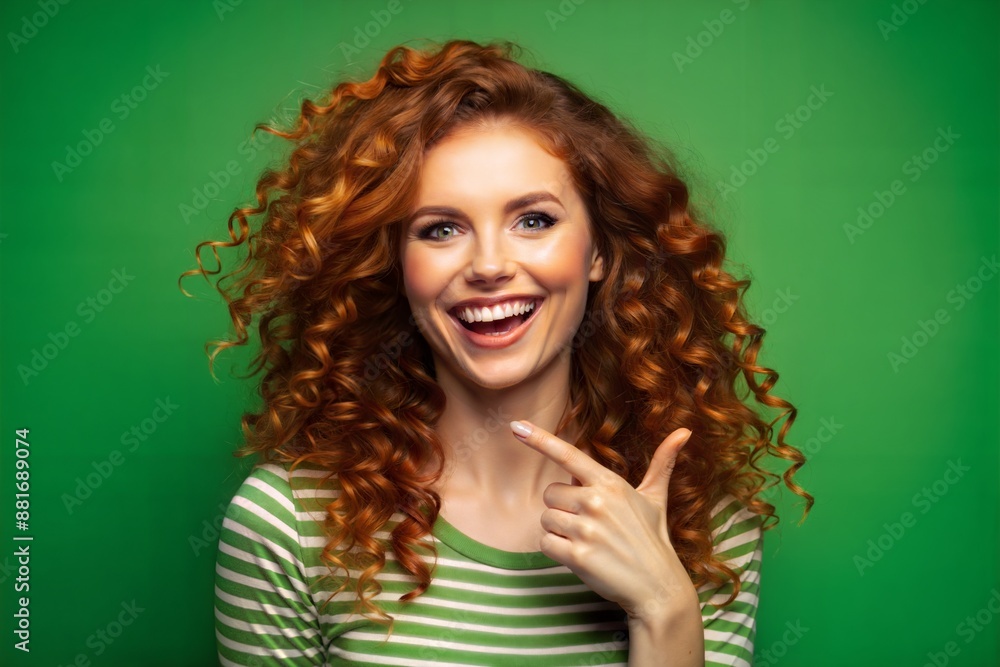 Wall mural a beautiful red-haired, freckled, curly smiling girl on a green background shows with her hand.