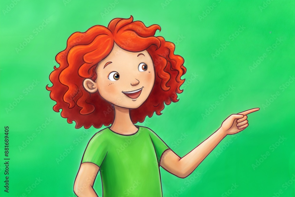 Wall mural A beautiful red-haired, freckled, curly smiling girl on a green background shows with her hand.