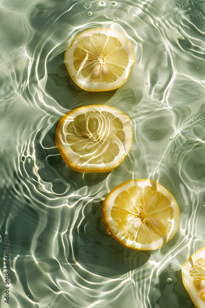 Poster top view of lemon slices in water with ripples, summer concept. the image depicts lemon slices float