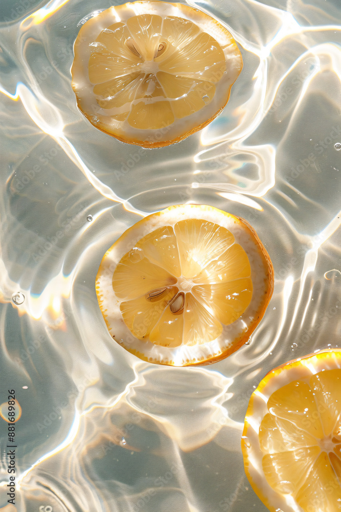 Poster top view of lemon slices in water with ripples, summer concept. the image depicts lemon slices float