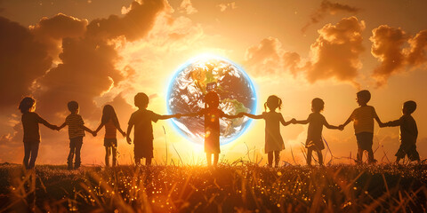 A Beautiful Scene of Children Holding Hands Around a Glowing Earth in a Sunset Field Symbolizing Love