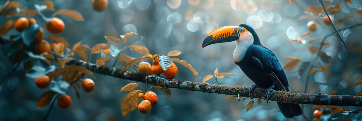Fototapeta premium Photo of full body toucan, unfocused background, with empty copy space