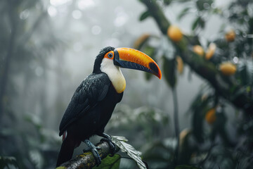 Fototapeta premium Photo of full body toucan, unfocused background, with empty copy space