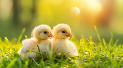 Two cute baby chick are sitting on grass, Animal photography