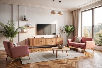 Mid Century Modern Living room .Wood TV cabinet  with white  wall mounted,pink sofa on wood floor ,.3d rendering