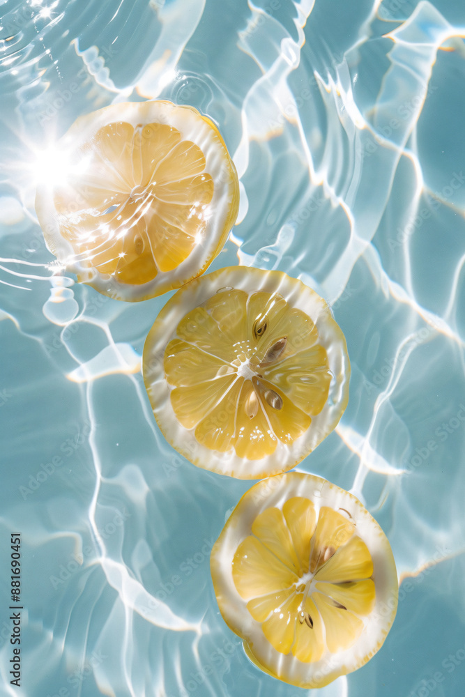 Poster top view of lemon slices in water with ripples, summer concept. the image depicts lemon slices float