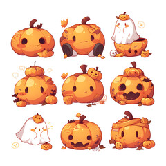 Collection of cute cartoon Halloween pumpkin icons, stickers, clipart, transparent background.