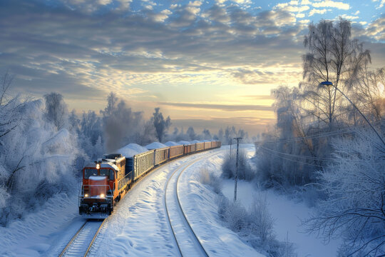 Diesel freight train pulls wagons through a winter landscape, rail transport of goods between cities or countries, export and import of goods, land transport.