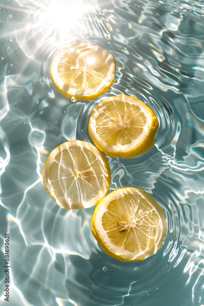 Poster top view of lemon slices in water with ripples, summer concept. the image depicts lemon slices float