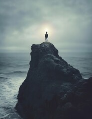 A man standing on top of a rock in the ocean.