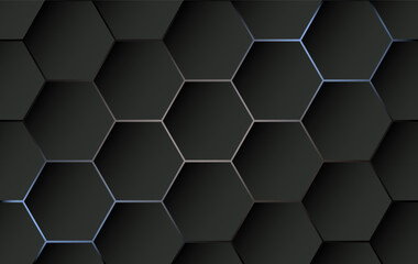 Grey cells pattern background. Black hexagon grid texture with color lining. Dark grey background with light.