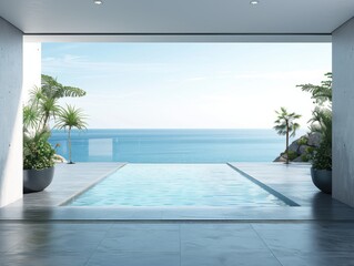 Obraz premium Empty modern lounge area with large bay window and view of sea.