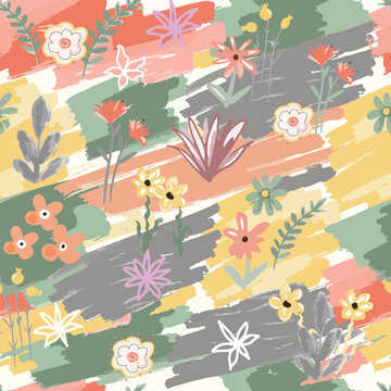 Abstract colorful flower and ornament seamless pattern