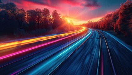Sunset Highway with Blurry Light Trails