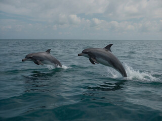 Fototapeta premium Dolphins Leaping Over Ocean Waves at Sunset