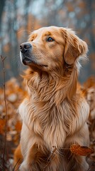 Obraz premium A golden retriever sitting in the woods.