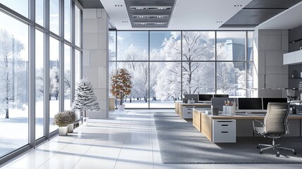 Office environment with energyefficient design, ample copy space, winter theme, digital tone, Splitcomplementary color scheme