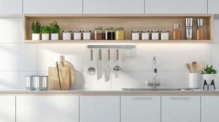 Light white modern rustic kitchen decorated with potted plants, loft-style kitchen utensils. Interior of a house with homeplants