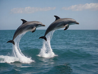 Fototapeta premium Dolphins Leaping Over Ocean Waves at Sunset