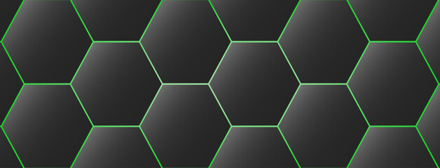 Grey cells pattern background. Black hexagon grid texture with green lining. Dark grey background with green.