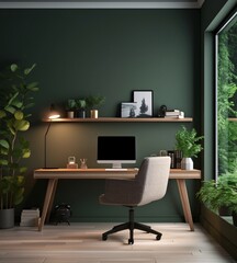 Minimal and comfort home working space interior with wooden furniture, copy space for montage on wooden table and blank frame on white wall.