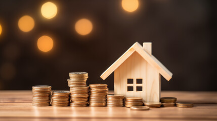 House model with money coins saving for concepts investment mortgage fund and home loan refinance, real estate property with loan money bank concept home sale and home insurance concept