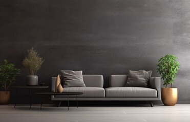 Gray living room with a little white sofa and rectangle coffee table. mockup