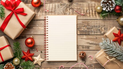 Obraz premium Christmas decorations and gifts around a notebook on a table New Year plans and preparations