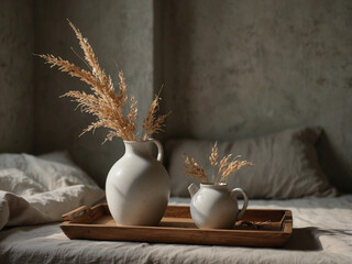 Minimalist ceramic vases with dried grasses on a wooden tray by a sunlit window