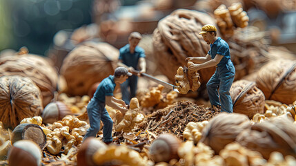 Miniature of workers who are digging and harvesting nuts, almond. HD 4k wallpaper background photos.