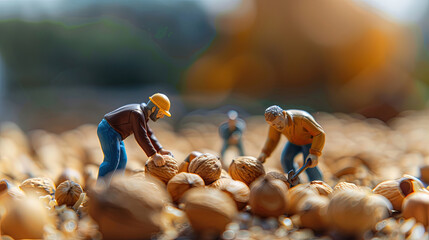 Miniature of workers who are digging and harvesting nuts, almond. HD 4k wallpaper background photos.