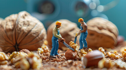 Miniature of workers who are digging and harvesting nuts, almond. HD 4k wallpaper background photos.