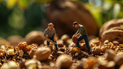 Miniature of workers who are digging and harvesting nuts, almond. HD 4k wallpaper background photos.