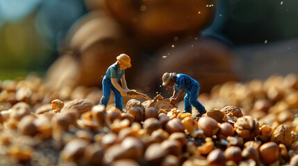 Miniature of workers who are digging and harvesting nuts, almond. HD 4k wallpaper background photos.