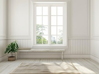 Fototapeta premium White empty room with green landscape in window. Scandinavian interior design.