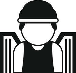 Black and white icon of a construction worker wearing a hard hat and safety vest