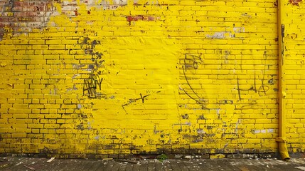 A yellow brick wall with graffiti on it.